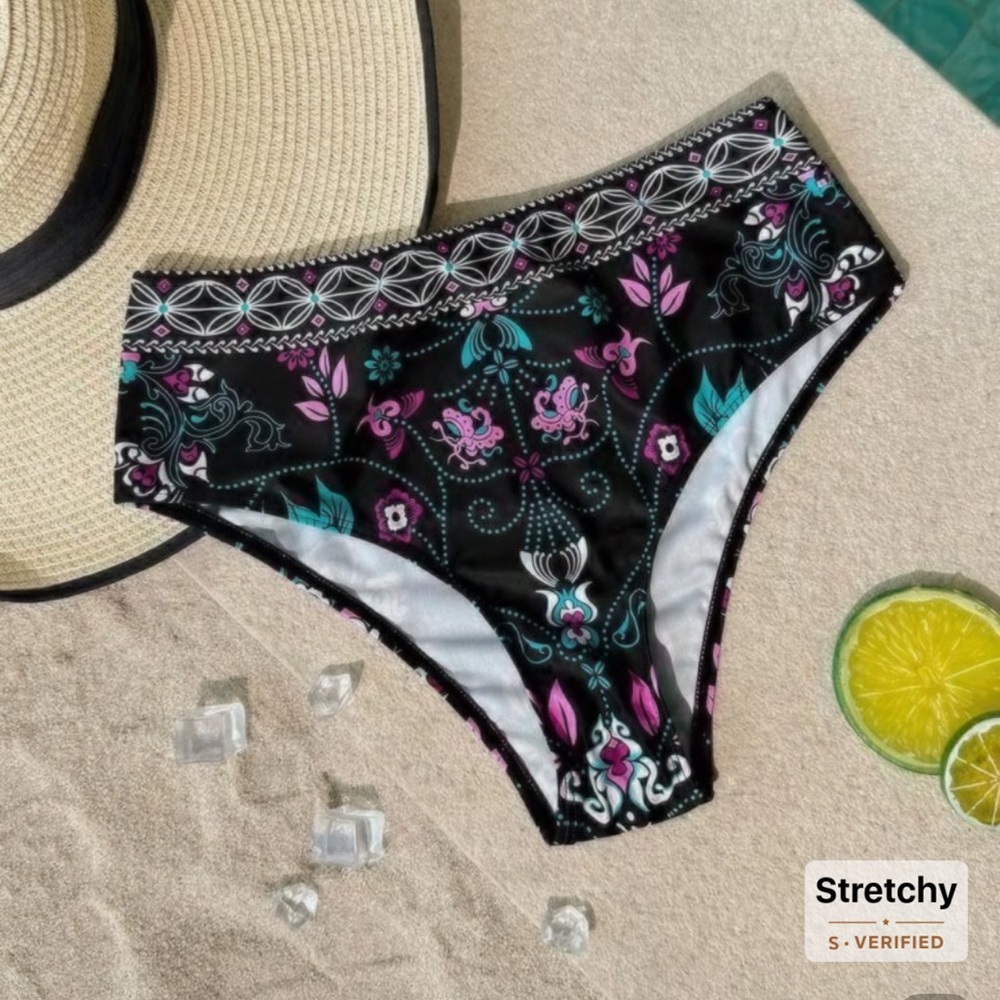 SHEIN Black and Pink Floral Bikini Bottom